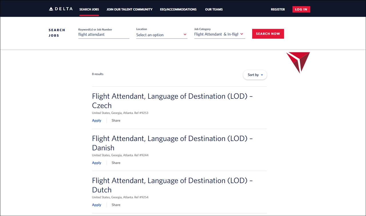 delta airlines website job listing