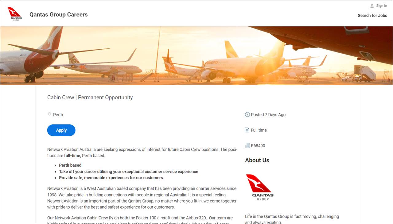 qantas airlines cabin crew careers page