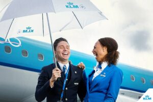 klm male and female flight attendants uniform smile
