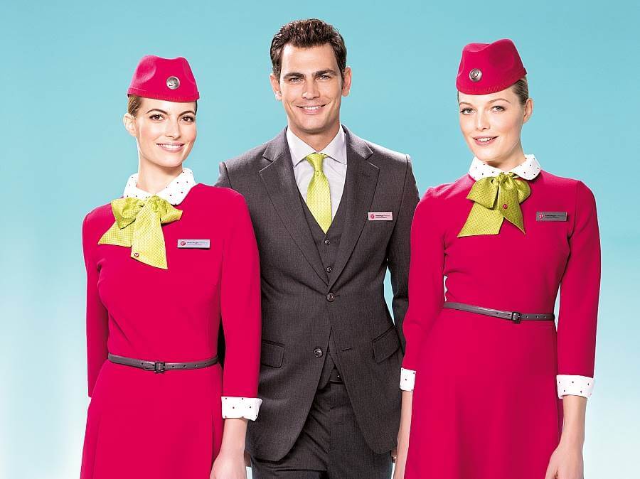 s7 airlines male and female flight attendant uniform