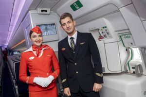 aeroflot airline male and female flight attendant
