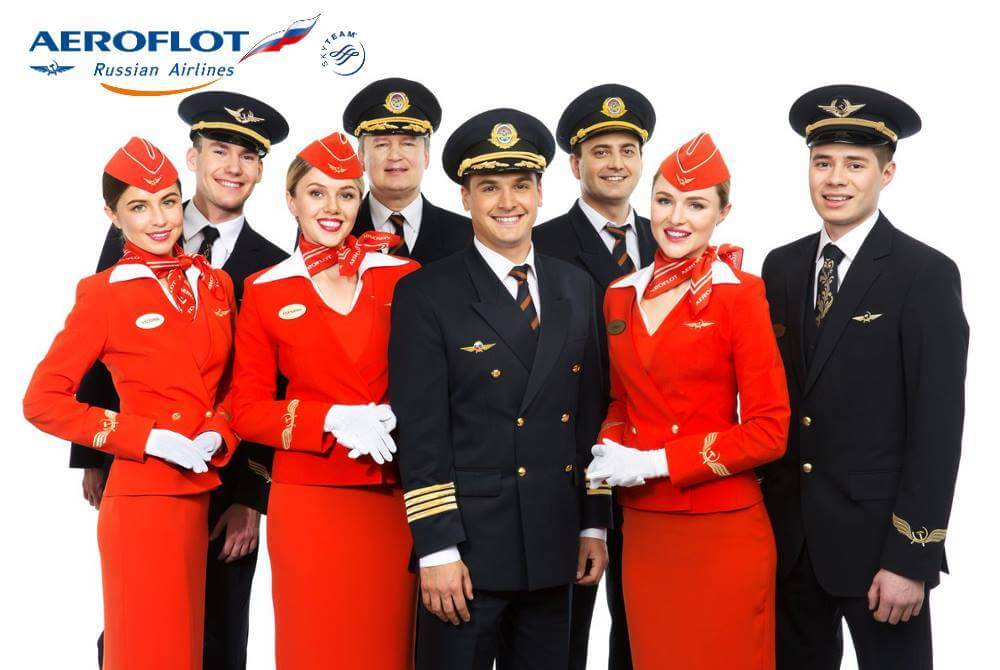aeroflot female flight attendants with pilots