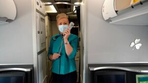 Aer Lingus female flight attendant in cabin