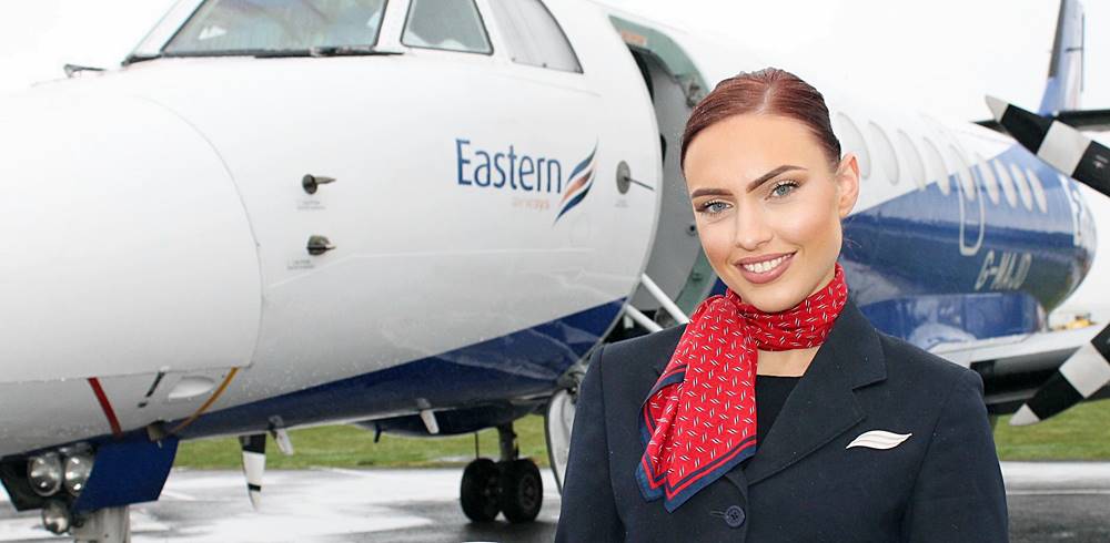 eastern airways female flight attendant in uniform