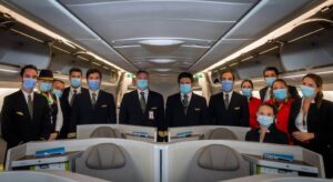 TAP Air Portugal flight attendants with masks