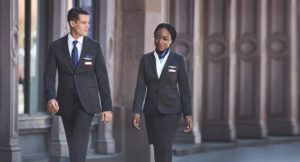 american airlines male and female flight attendant