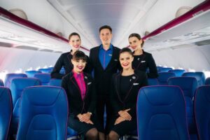 wizz air male and female flight attendants uniform