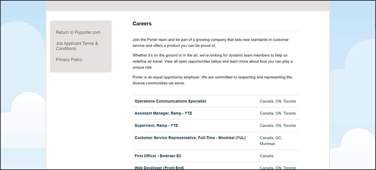 Porter Airlines Careers Page