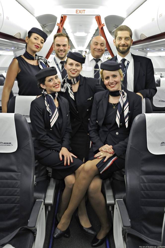 aegean airlines flight attendant team smiles