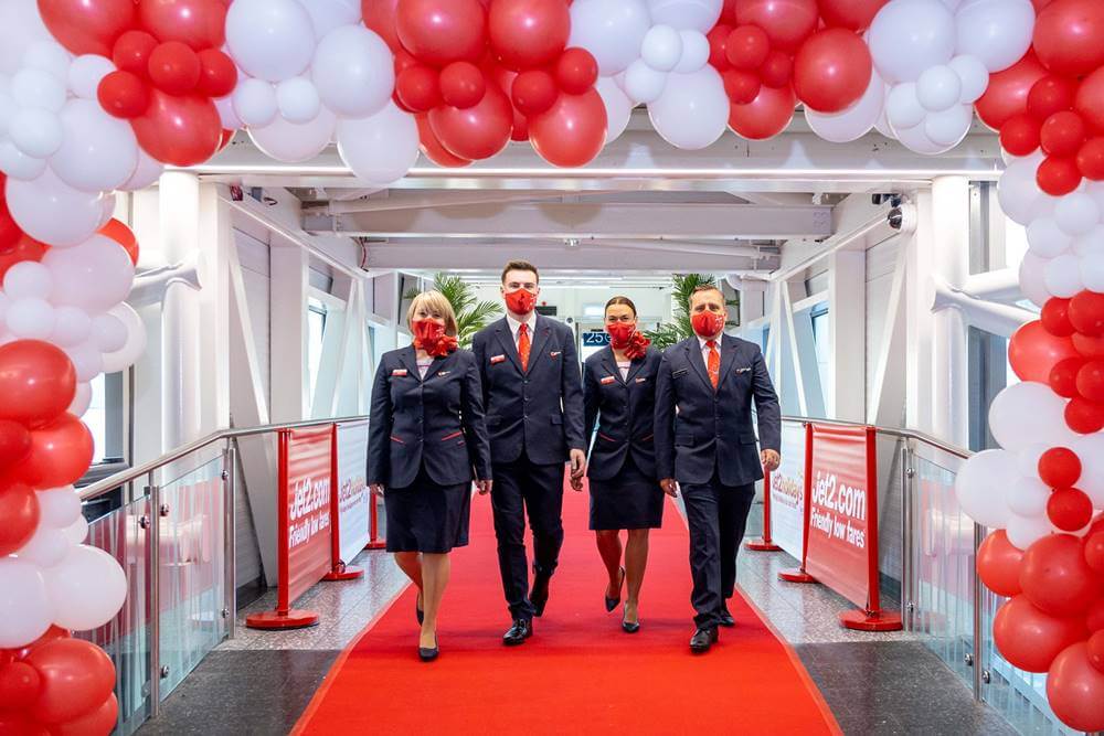 jet2 male and female flight attendants full uniform