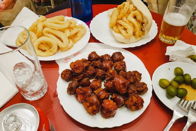 chorizo and squid rings in La Campana Madrid