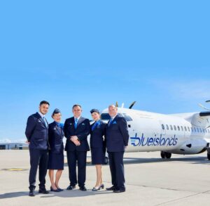 blue islands male and female flight attendants