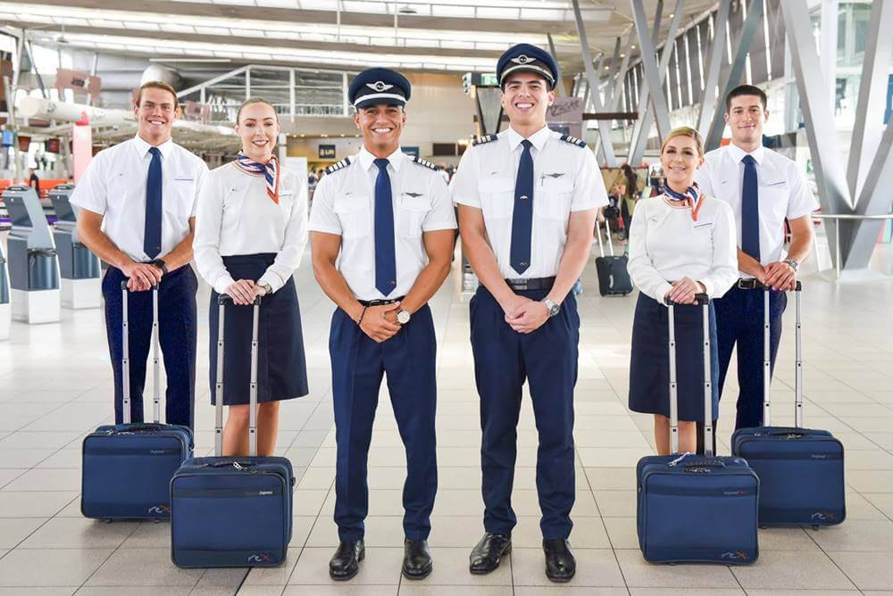 rex cabin crew male and female uniforms with pilot