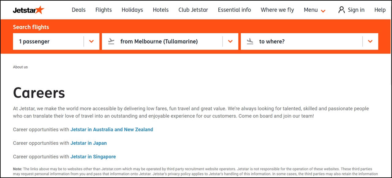 Jetstar Airways Careers Page