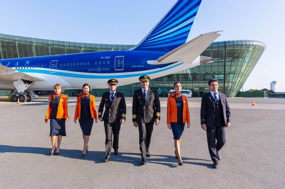 azerbaijan airlines AZAL cabin crew with pilot