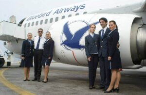 bluebird airways male and female flight attendant crew