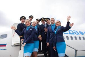 pobeda airlines crew with pilots
