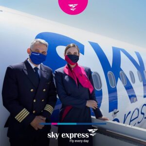 sky express greece female flight attendant with pilot