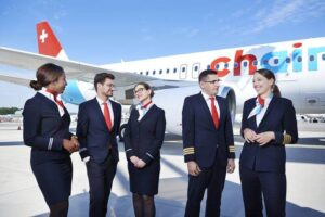 Chair airlines flight attendants with pilots
