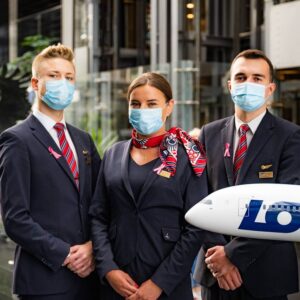 LOT Polish Airlines flight attendants with masks