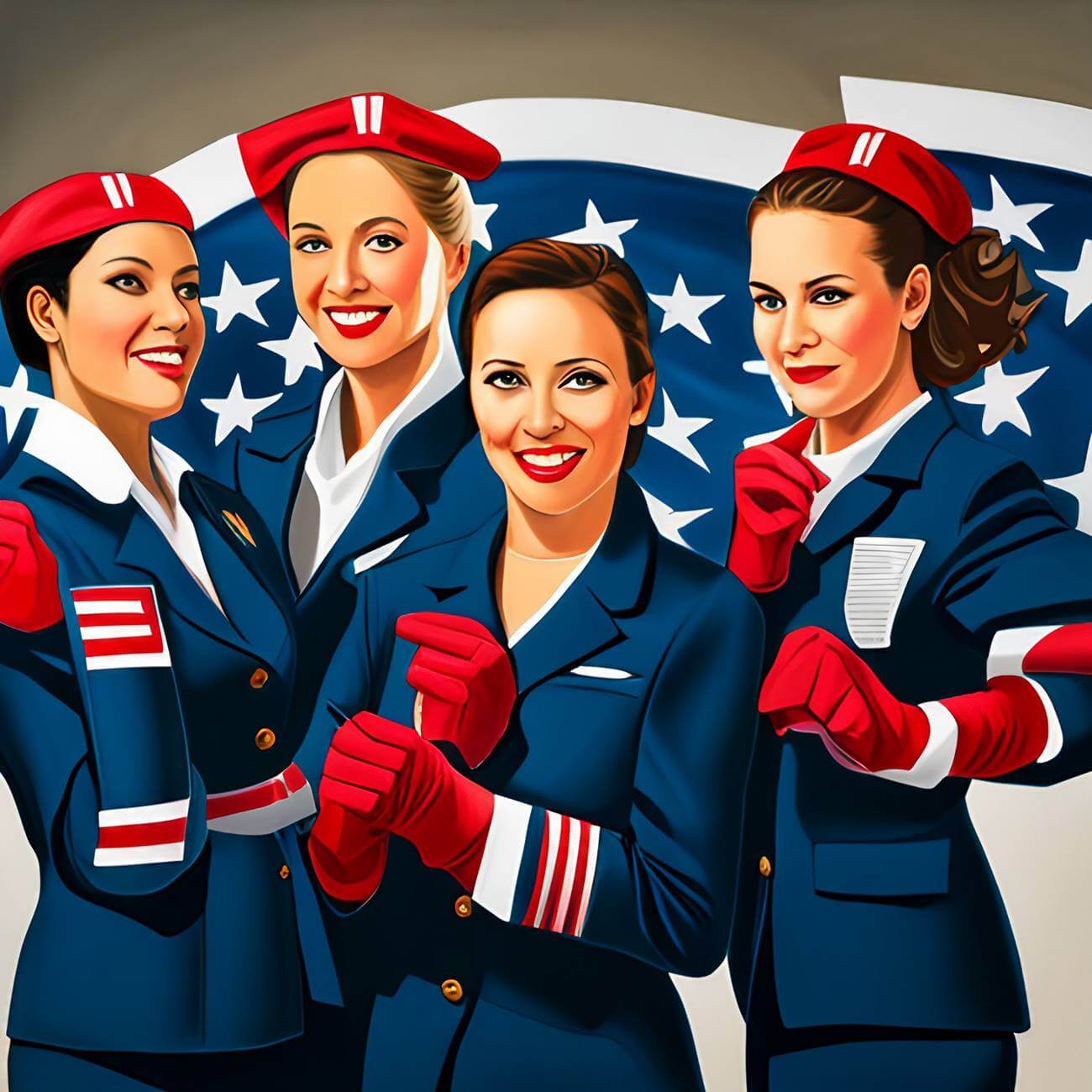 female flight attendants with usa flag