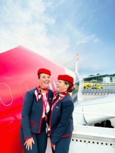 Air Belgium female flight atttendants happy