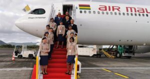 Air Mauritius flight attendants and pilots steps