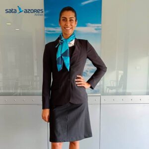 Azores Airlines female flight attendant full uniform