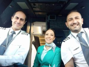 Cyprus Airways female flight attendant cockpit