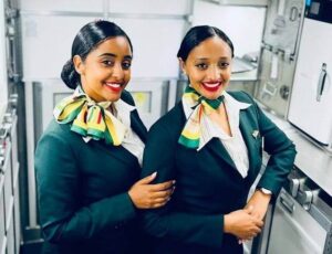 Ethiopian Airlines female cabin crews galley