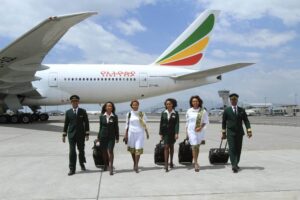 Ethiopian Airlines pilots and flight attendants walk