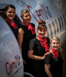 Fly CemAir female flight attendants door