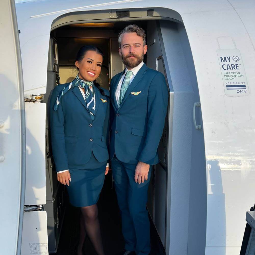 Flyr male and female flight attendant