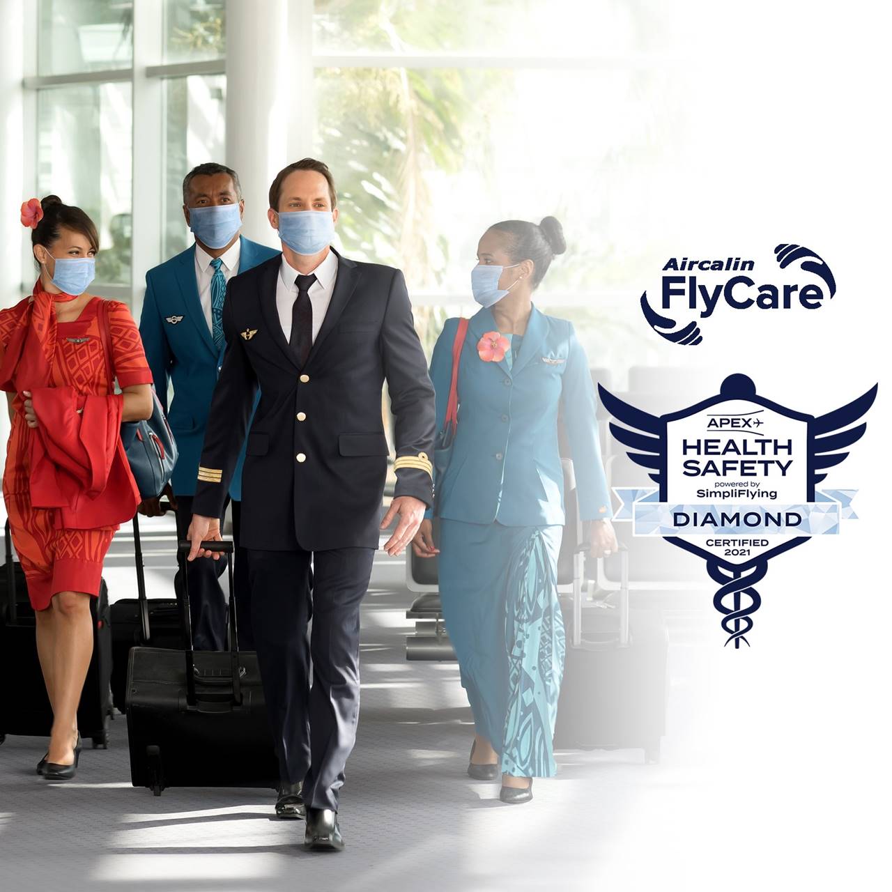 Aircalin pilot and flight attendants walk