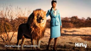 Hi Fly female flight attendant lion