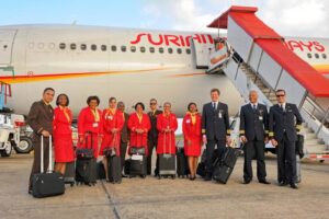 Surinam Airways pilots and cabin crews tarmac