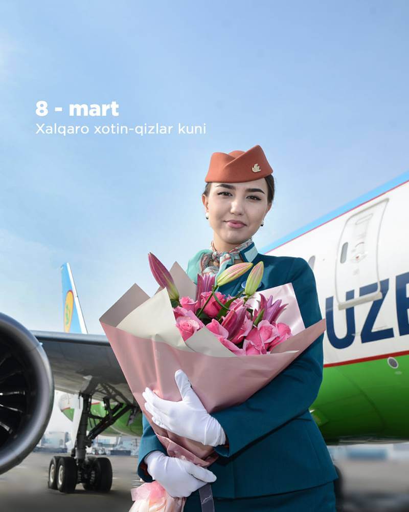 Uzbekistan Airways flight attendant flowers