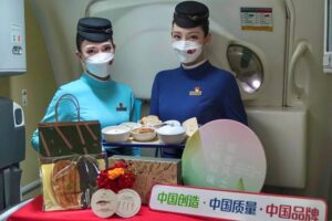 Xiamen Airlines flight attendants meal cart