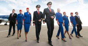 Air Moldova pilots and cabin crew walk
