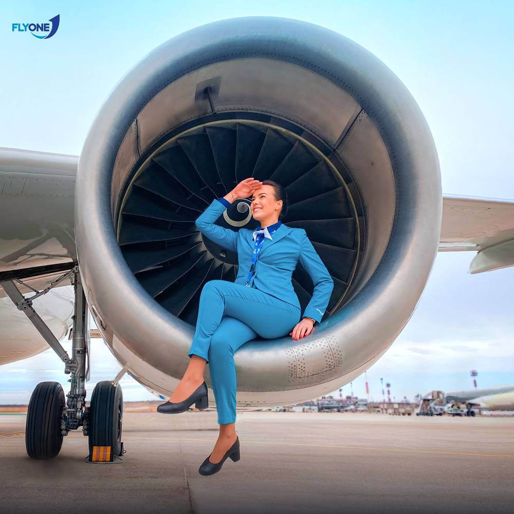 FlyOne flight attendant engine salut
