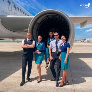FlyOne pilot and flight attendants engine