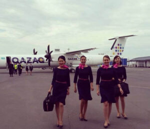 Qazaq Air female flight attendants tarmac