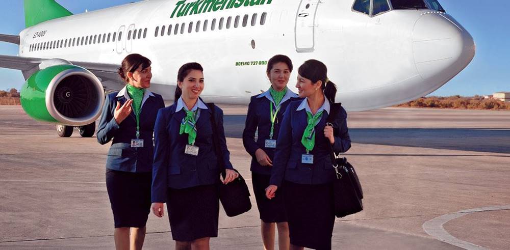 Turkmenistan Airlines flight attendants tarmac walk