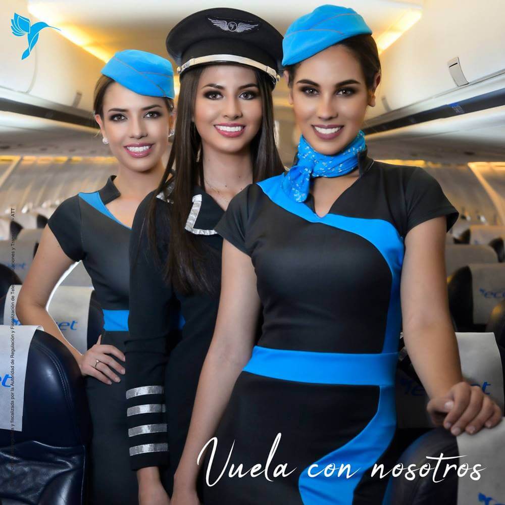 EcoJet flight attendants and pilot boarding