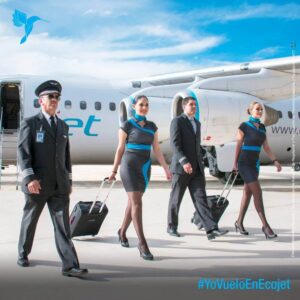 EcoJet pilots and flight attendants walk