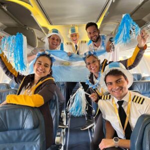Flybondi flight attendants and pilots celebrate