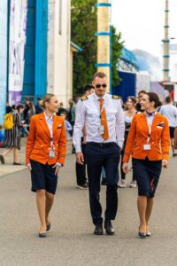 HiSky flight attendants and pilots walk