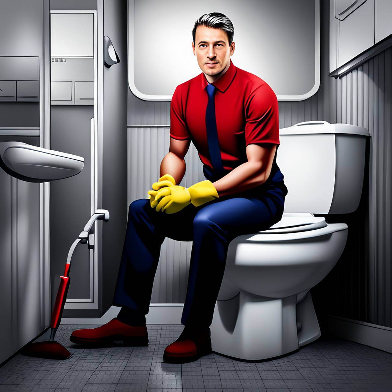 male crew cleaning cabin toilet