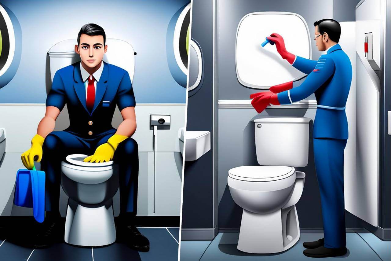 male flight attendant cleaning bathroom