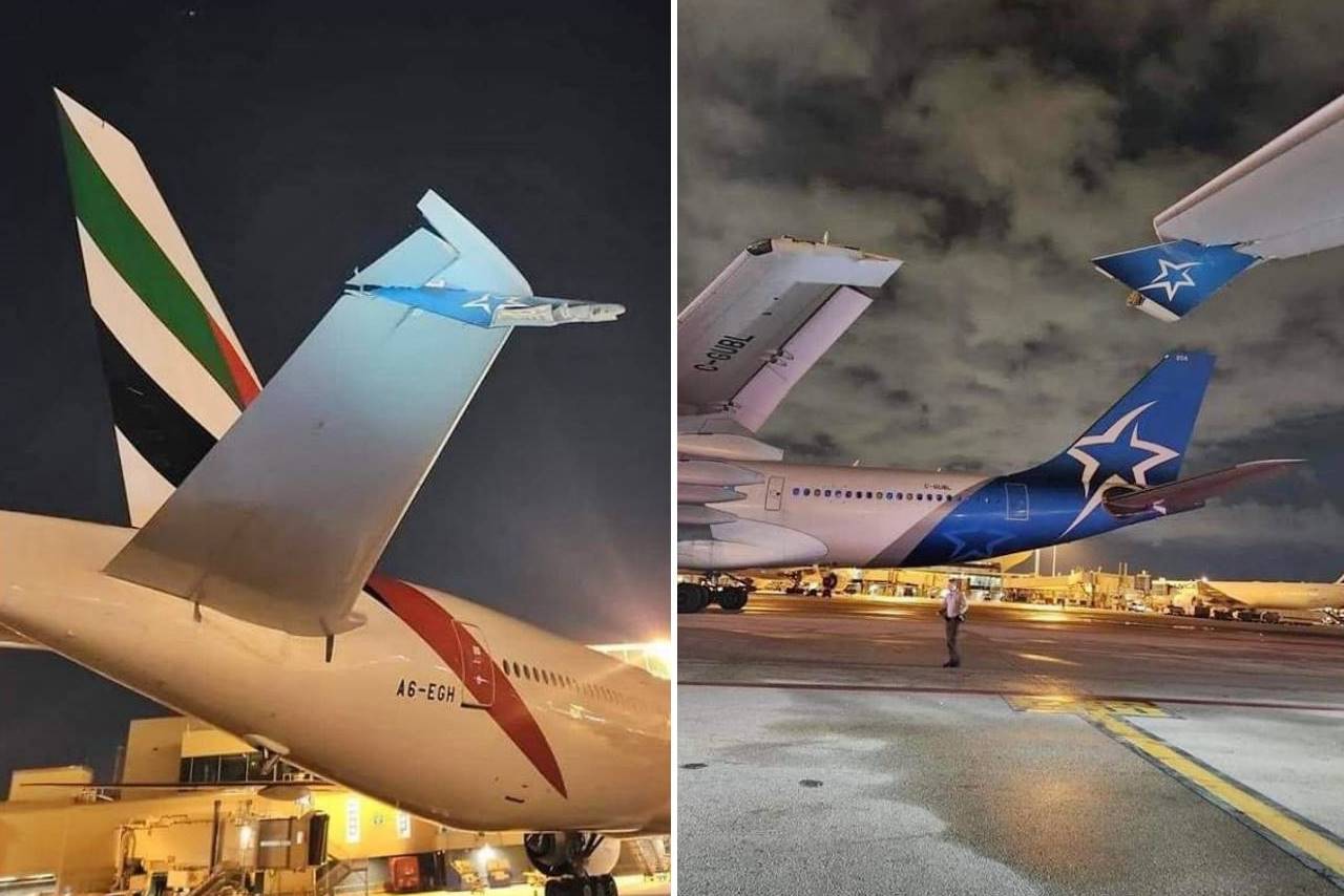 damaged wings emirates and air transat collision miami international airport